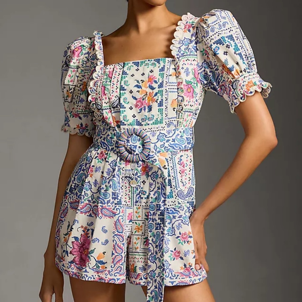 Farm Rio Romantic Bandanas Puff-Sleeve Belted Romper